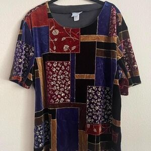 VTG 90s Large Vintage Velvet Patchwork Floral Top Festival Boho Hippie Ren Fair